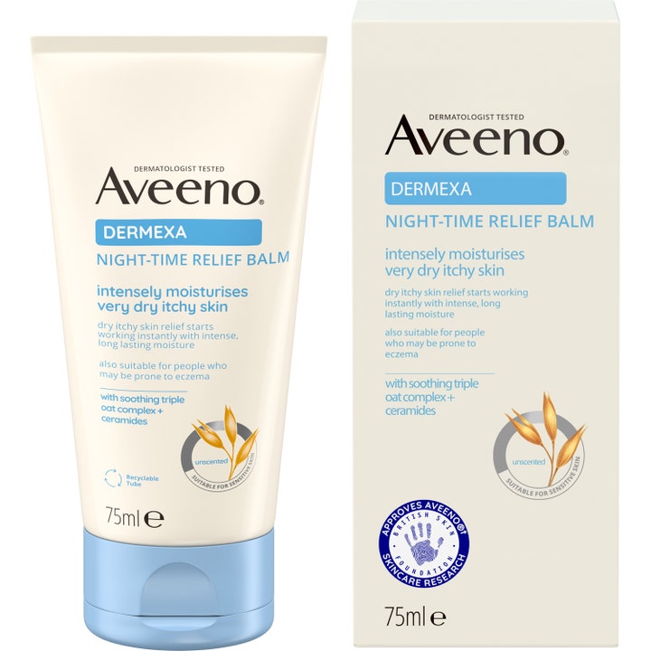 Aveeno Dermexa Night-Time Relief Balm 75ml lindrer kløende hud i en kremfarget tube og eske med lyseblått lokk.