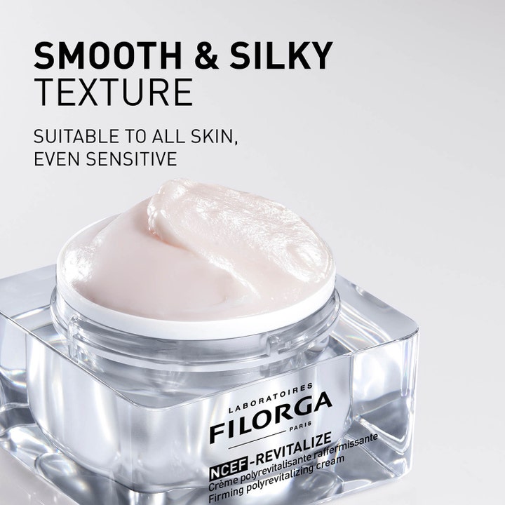 Filorga NCEF-Revitalize Cream 50 ml revitaliserende dagkrem med silkemyk rosa tekstur i gjennomsiktig krukke.