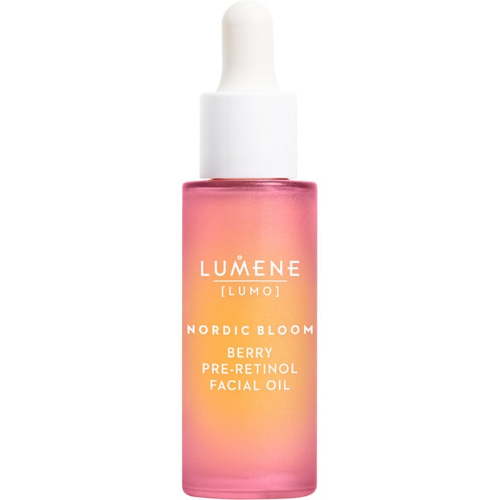 Lumene Nordic Bloom Berry Pre-Retinol Facial Oil glattende ansiktsolje i frostet rosa og oransje glassflaske med pipette