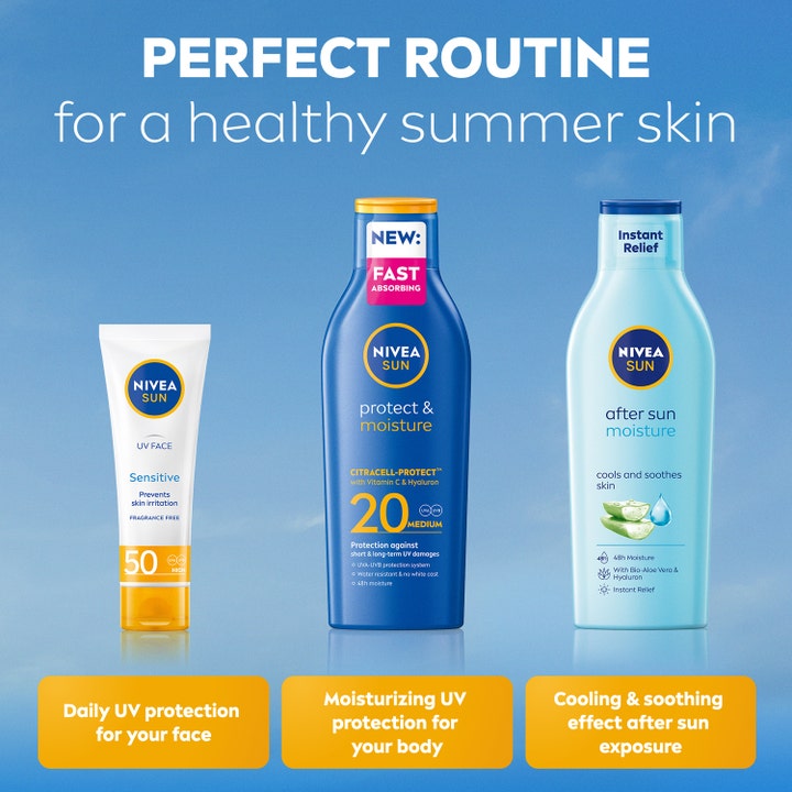 NIVEA Protect & Moisture Sun Lotion 200 ml solkrem i en hudpleierutine med ansiktssolkrem og after sun mot blå himmel.