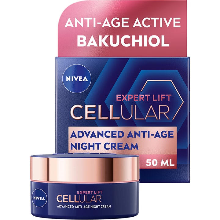Nivea Cellular Expert Lift 50 ml anti-age nattkrem med bakuchiol i en mørkeblå krukke med skinnende rosegull-lokk.