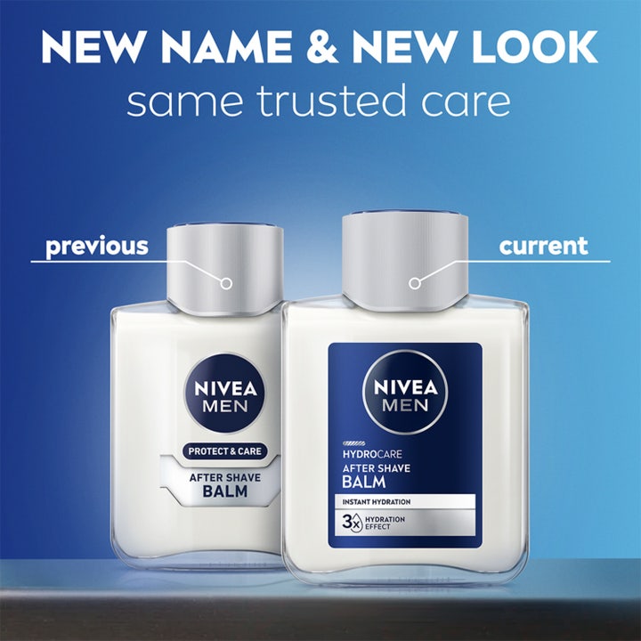 Nivea Men Protect & Care 100 ml fuktighetsgivende after shave balm i glassflaske med nytt navn og design.