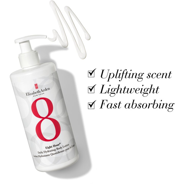 Elizabeth Arden Eight Hour Daily Hydrating Body Lotion 380 ml hvit pumpeflaske med lett og hurtigabsorberende tekstur