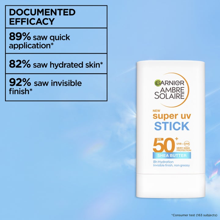 Garnier Ambre Solaire Super UV Stick 18 g solstift med SPF 50 og sheasmør som gir dokumentert effekt.