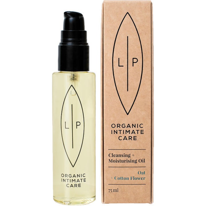 Lip Organic Intimate Care Cleansing + Moisturising Oil 75 ml pleiende intimolje i klar pumpeflaske og brun eske.