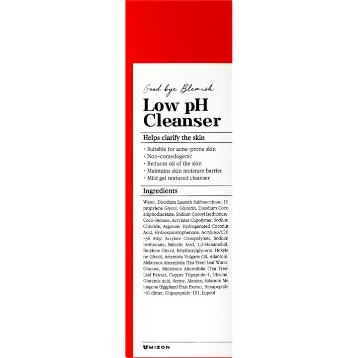 Mizon Good Bye Blemish Low pH Cleanser 100 ml rengjøringsgel i hvit eske med rød kant og synlig ingrediensliste.