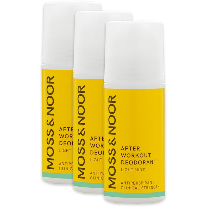 Moss & Noor After Workout Deodorant Light Mint 3-pack antiperspirant i tre gule roll-on-flasker med hvite korker.