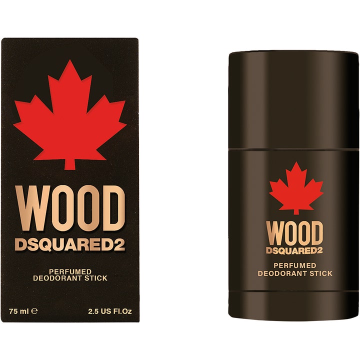 Dsquared2 Wood Pour Homme Deostick 75 ml parfymert deodorant i mørkebrun hylse og eske med et stort rødt lønneblad.
