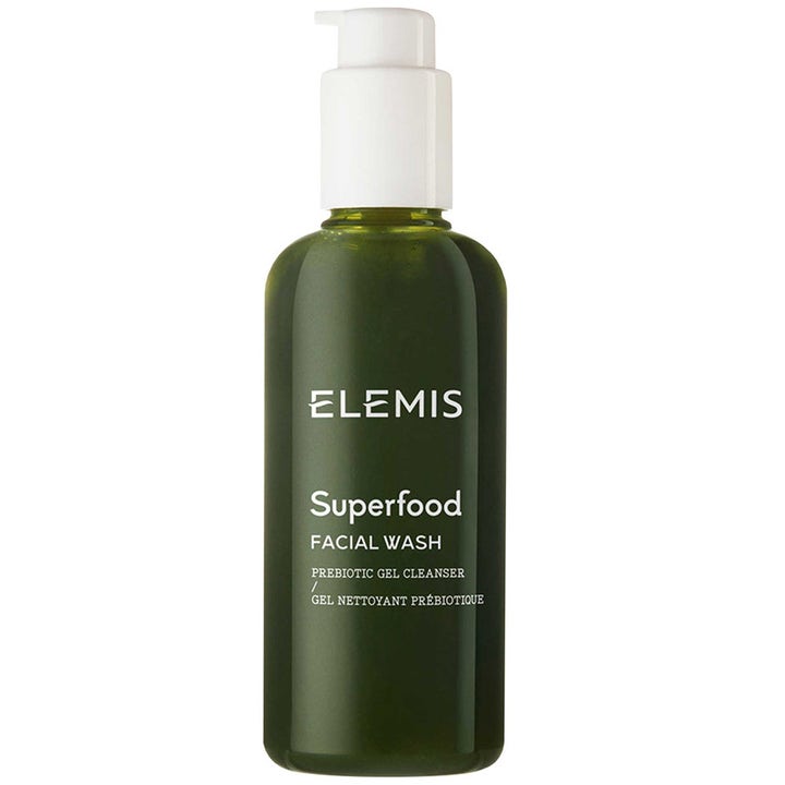 Elemis Superfood Facial Wash 200 ml rensende ansiktsgel i mørkegrønn flaske med hvit pumpe