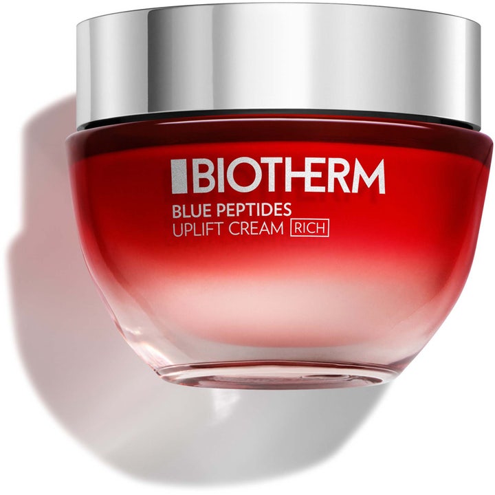Biotherm Blue Peptides Uplift Cream Rich 50ml fasthetsgivende dagkrem i rød glasskrukke med sølvlokk