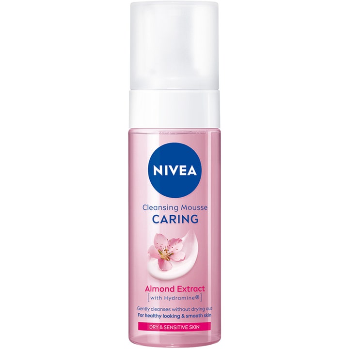 NIVEA Cleansing Mousse Caring 150 ml pleiende rengjøringsskum for tørr hud i rosa pumpeflaske med mandelekstrakt