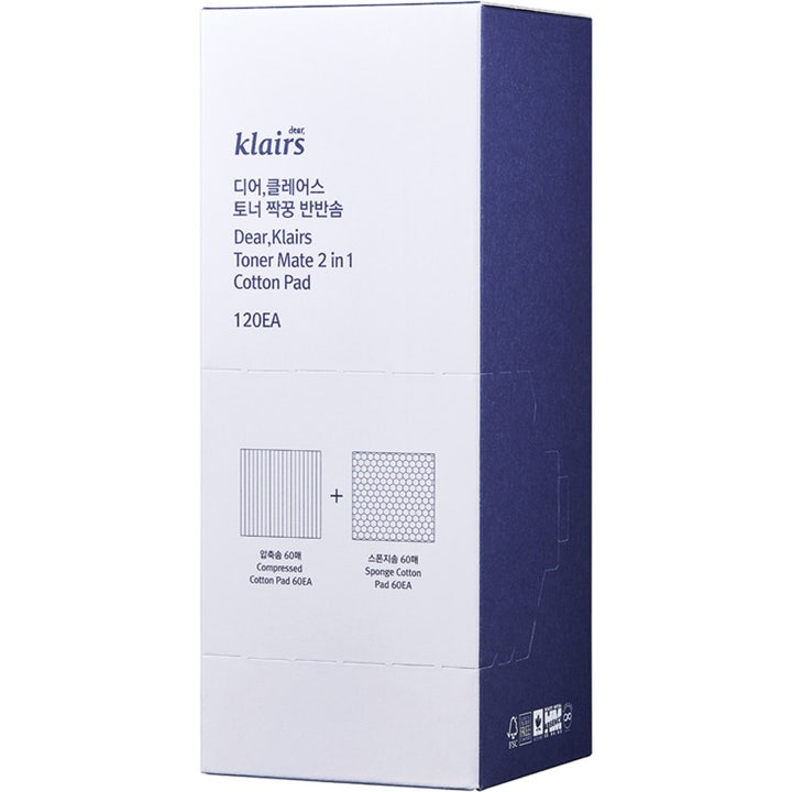 Dear, Klairs Toner Mate 2 in 1 Cotton Pad 120 stk bomullspads i en hvit og blå eske med illustrasjoner.