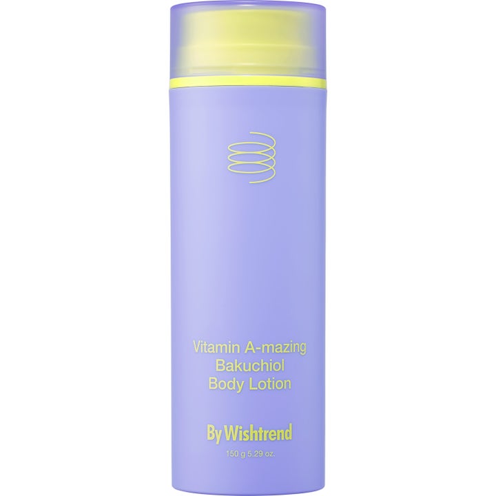 By Wishtrend Vitamin A-mazing Bakuchiol Body Lotion 150 g gir glattere hud i lilla flaske med gult lokk og gul skrift