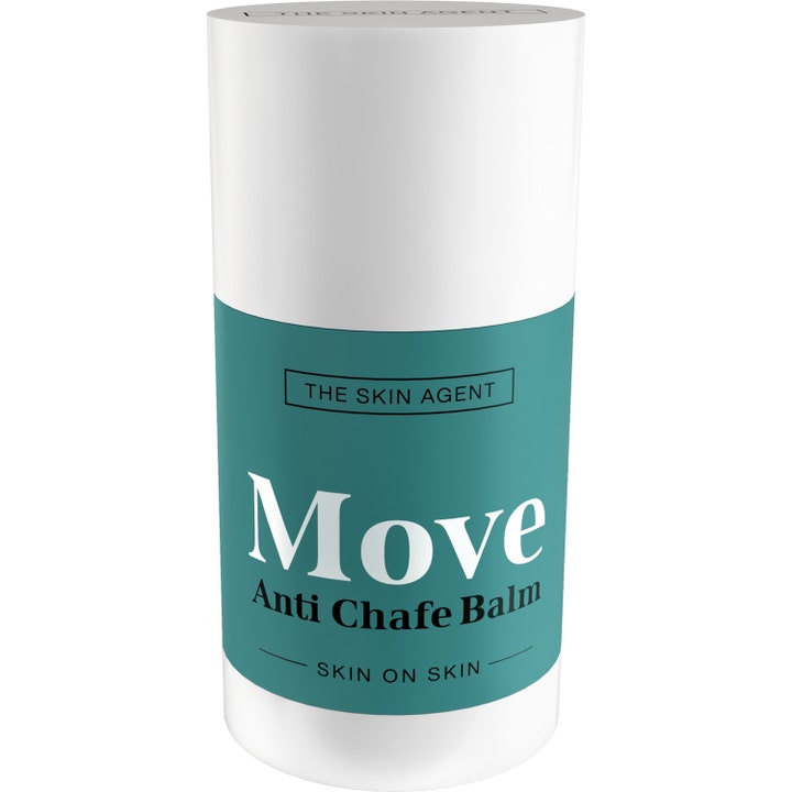 The Skin Agent Move Anti Chafe Balm 25 ml mot gnagsår i en hvit stift med turkis etikett og teksten Skin on Skin