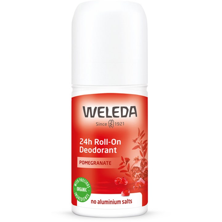 Weleda Pomegranate 24h Roll-On Deodorant 50 ml i hvit plastemballasje med røde granatepledetaljer