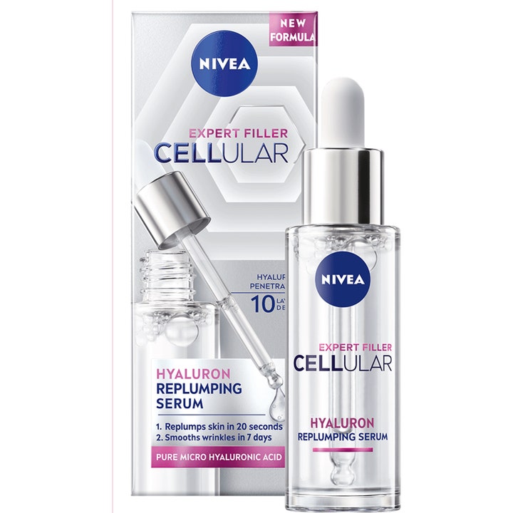 Nivea Cellular Expert Filler 30 ml fuktighetsgivende ansiktsserum i glassflaske med pipette foran esken