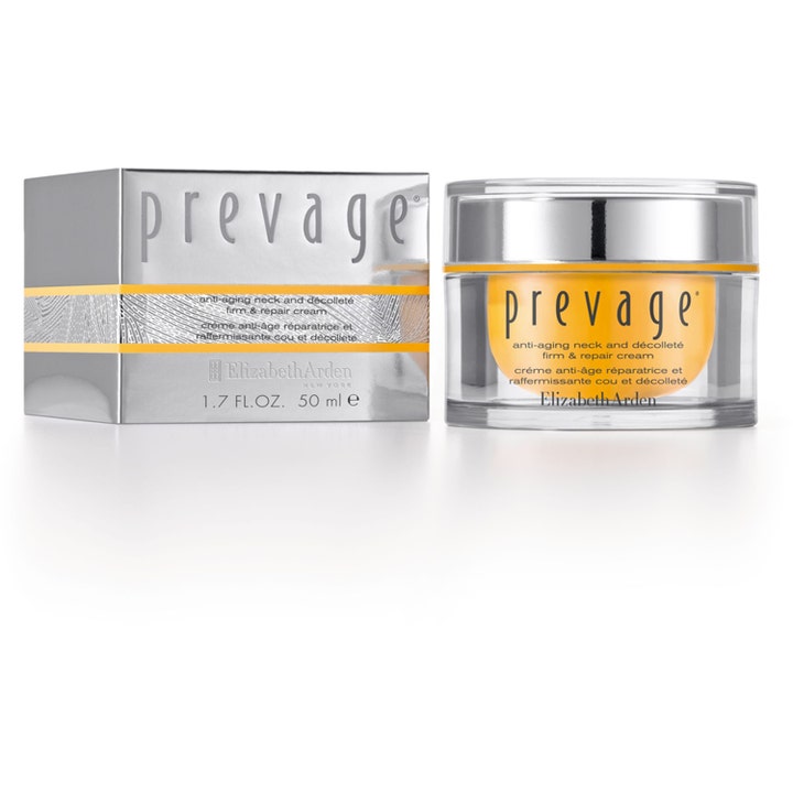 Elizabeth Arden Prevage Anti-Aging Neck and Décolleté 50 ml strammer opp huden i sølvfarget krukke med eske