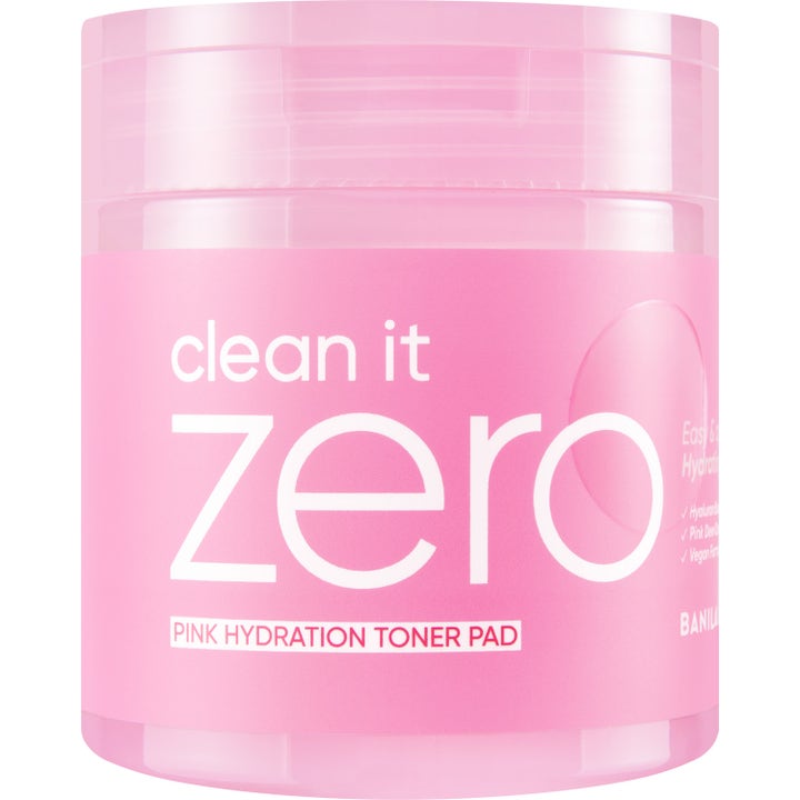 Banila Co Clean It Zero Pink Hydration Toner Pad fuktighetsgivende tonerpads i en lyserosa krukke med hvit tekst