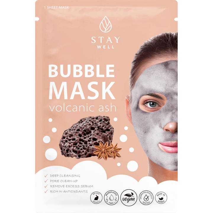 Stay Well Bubble Mask Volcanic Ash 1 stk dyprensende ansiktsmaske i ferskenfarget pakke med grå boblende maske