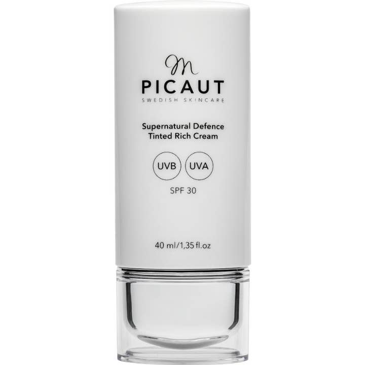 M Picaut Supernatural Defence Tinted Rich Cream 40 ml farget dagkrem med SPF 30 i hvit pumpeflaske med klar bunn