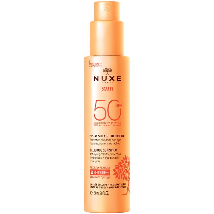 Nuxe Sun Delicious Sun Spray SPF 50 150 ml gir fuktighet i en oransje sprayflaske med pumpe.