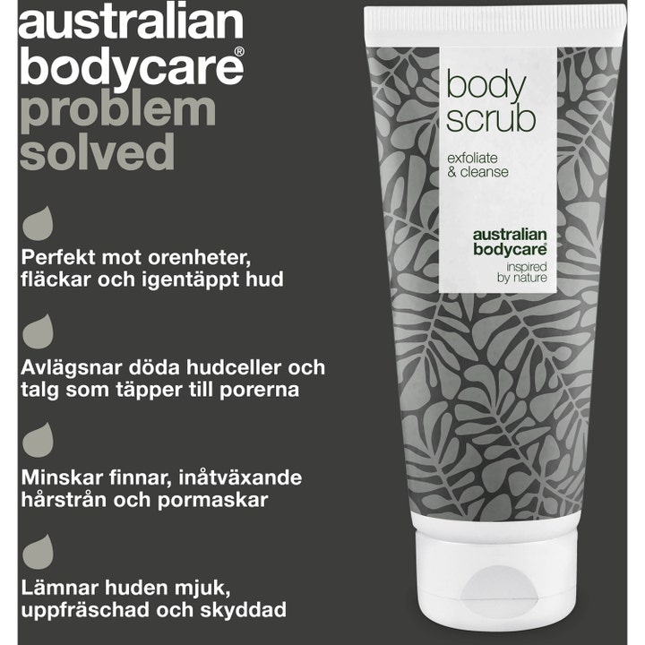 Australian Bodycare Body Scrub 200 ml eksfolierende kroppsskrubb i hvit og grå tube ved siden av tekst om fordeler.