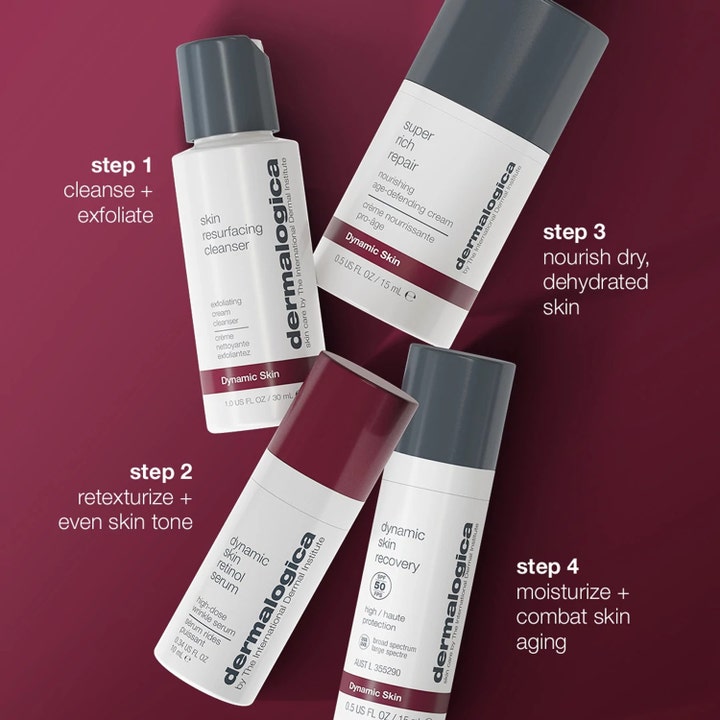 Dermalogica Skin Aging Solutions 70 ml antialdring-sett med fire produkter vist i trinn på rød bakgrunn