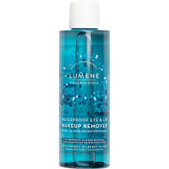 Lumene Waterproof Eye & Lip Makeup Remover 100ml fjerner vannfast sminke med tofaset blå væske og hvitt lokk