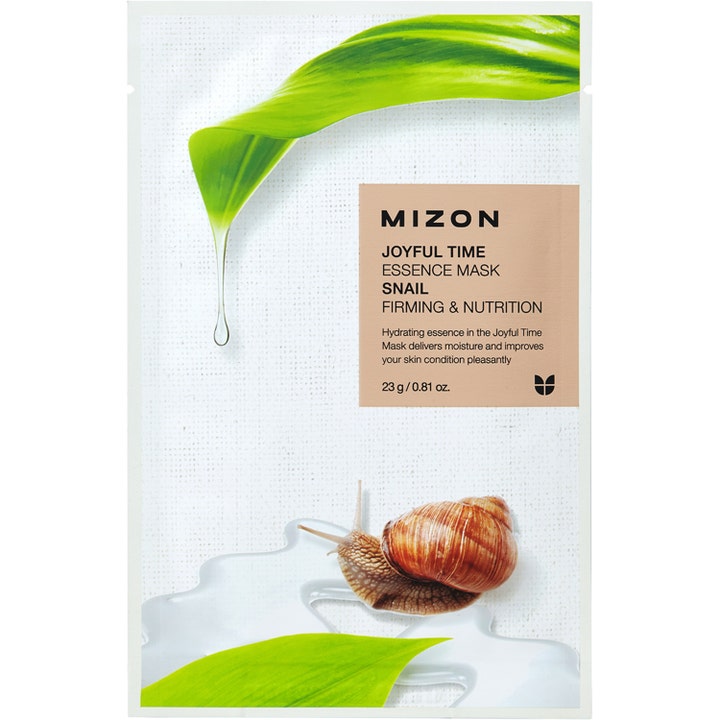 Mizon Joyful Time Essence Mask Snail 23 g gir næring og fasthet i en hvit stoffmaskepakning med snegleillustrasjon.