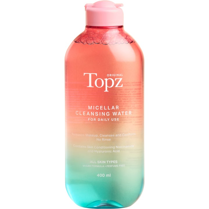 Topz Original Micellar Cleansing Water 400 ml ansiktsrens gir fukt med niacinamid i flaske med rosa og turkis gradient