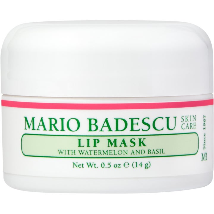 Mario Badescu Lip Mask With Watermelon and Basil 14 g fuktighetsgivende leppemaske i en hvit krukke med grønn tekst.