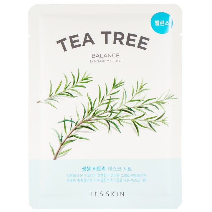It'S SKIN Tea Tree Balance Mask Sheet 1 stk balanserende ansiktsmaske i hvit forpakning med grønne tea tree-kvister