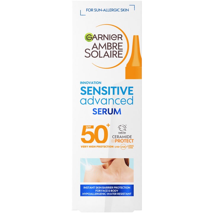 Garnier Ambre Solaire Sensitive Advanced Serum 125 ml med SPF 50+ og ceramider beskytter huden i hvit forpakning