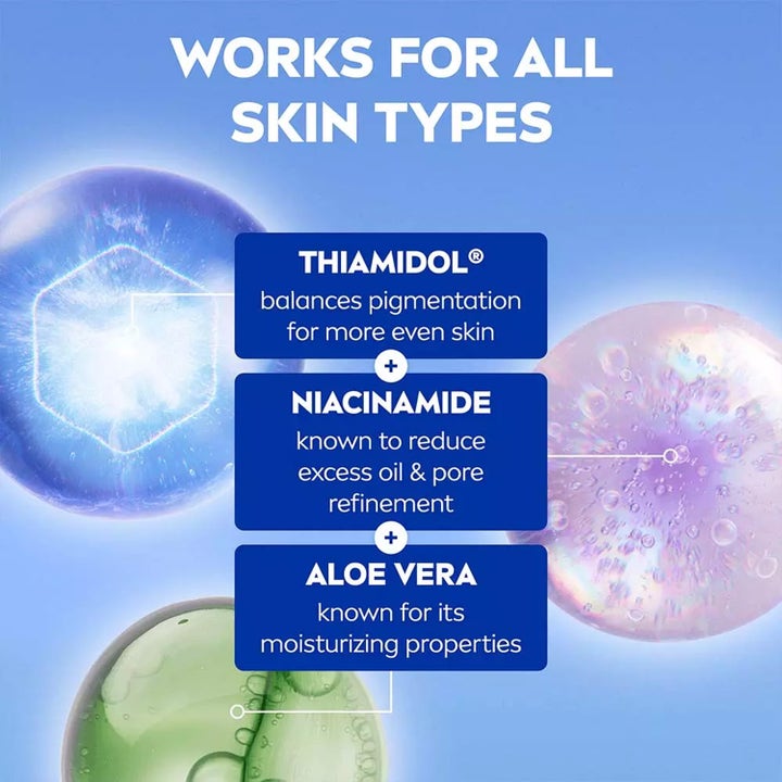 NIVEA Luminous630 Skin Glow 30 ml glødgivende serum infografikk med Thiamidol Niacinamide og Aloe Vera.