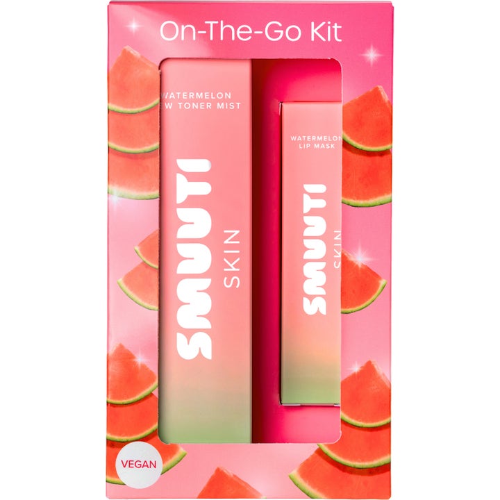 Smuuti Skin On-The-Go Kit fuktighetsgivende sett i rosa eske med vannmelon toner mist og leppemaske