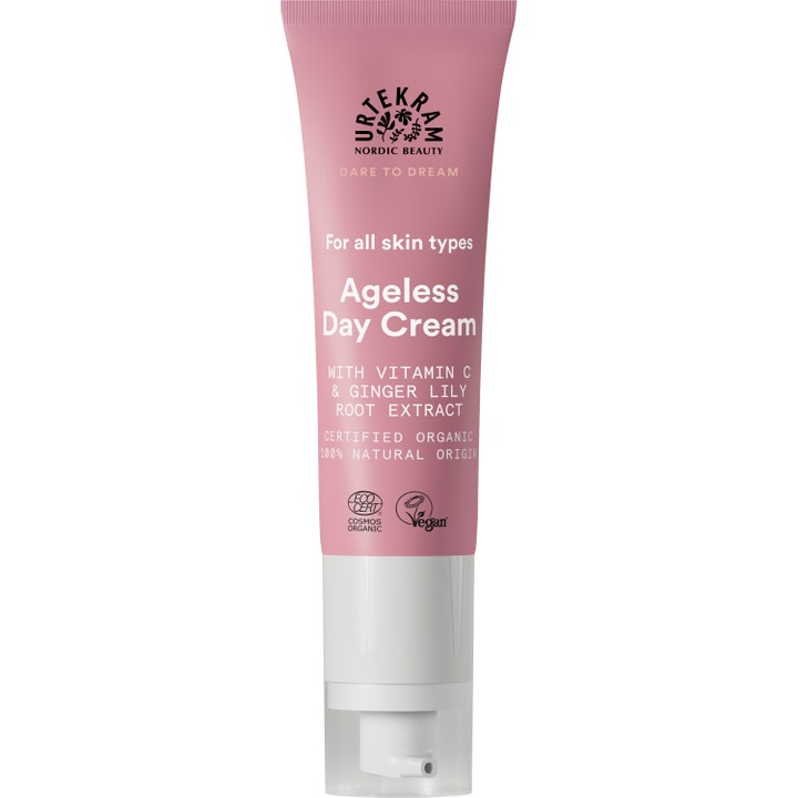 Urtekram Ageless Day Cream dagkrem med vitamin C gir glød i en støvrosa tube med hvit pumpe.