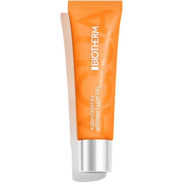Biotherm Aquasource Vitamin Glow Gel fuktighetsgivende ansiktsgel i en oransje tube med sølvkork som gir huden glød