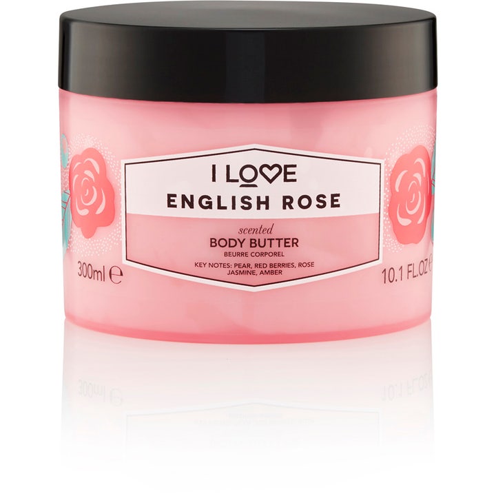 I Love English Rose 300ml fuktighetsgivende body butter i rosa krukke med svart lokk og blomstermotiv