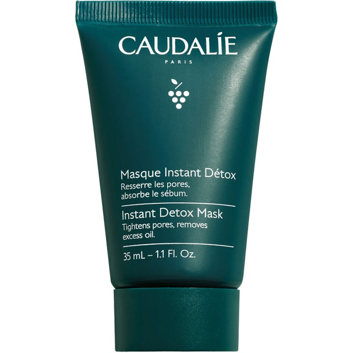 Caudalie Instant Detox Mask 35 ml poreforminskende ansiktsmaske i en matt mørkegrønn tube med hvit skrift