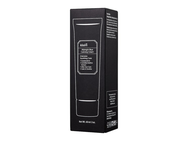 Klairs Midnight Blue Calming Cream 60 ml beroligende nattkrem i svart eske med hvit tubeillustrasjon og Guaiazulene