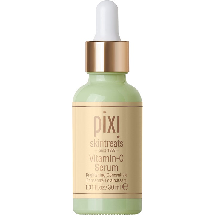 Pixi Vitamin-C Serum 30 ml glødgivende serum i en lys grønn glassflaske med gullfarget kork og hvit pipette