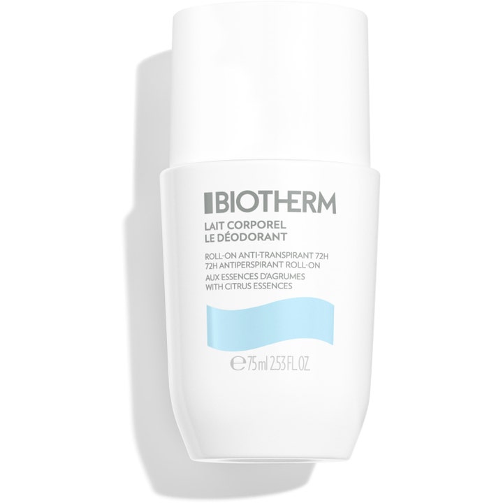 Biotherm Lait Corporel Deodorant 75 ml roll-on gir 72h beskyttelse i hvit plastflaske med blå bølge.