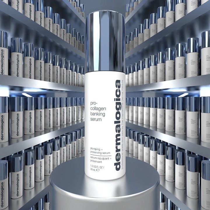 Dermalogica Pro-Collagen Banking Serum 30 ml oppstrammende ansiktsserum i hvit flaske med sølvkork på en pidestall
