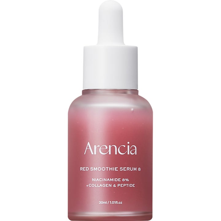 Arencia Red Smoothie Serum 8 30 ml styrkende ansiktsserum i frostet rosa glassflaske med hvit pipette.