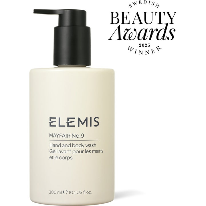 Elemis Mayfair No.9 Hand & Body Wash 300 ml pleiende dusjsåpe i beige flaske med svart pumpe og vinnerlogo fra 2023.