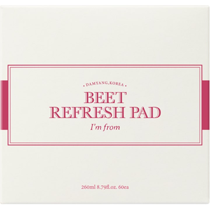 I'm From Beet Refresh Pad 260 ml fuktighetsgivende toner pads i hvit ytterforpakning med rosa tekst.