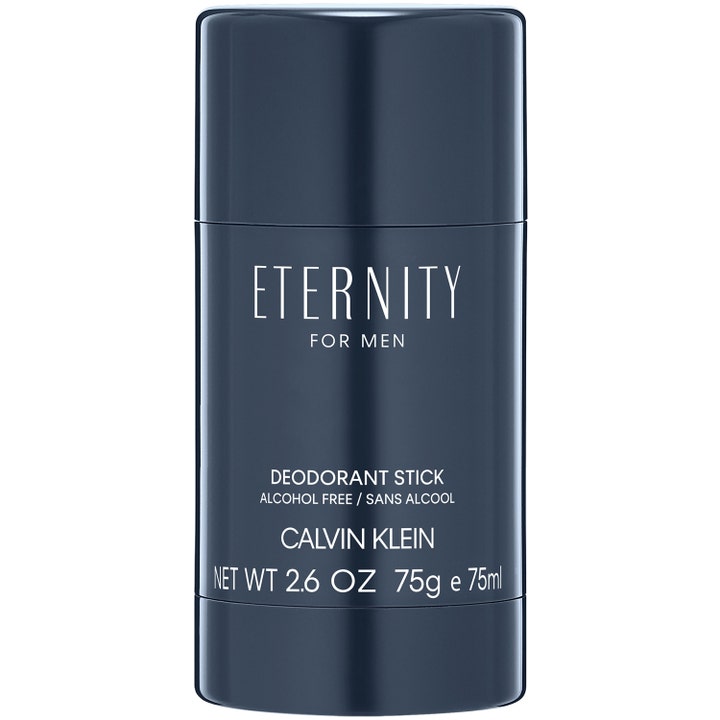 Calvin Klein Eternity for Men 75g alkoholfri deodorant stick gir friskhet i en mørkeblå sylindrisk hylse med hvit tekst