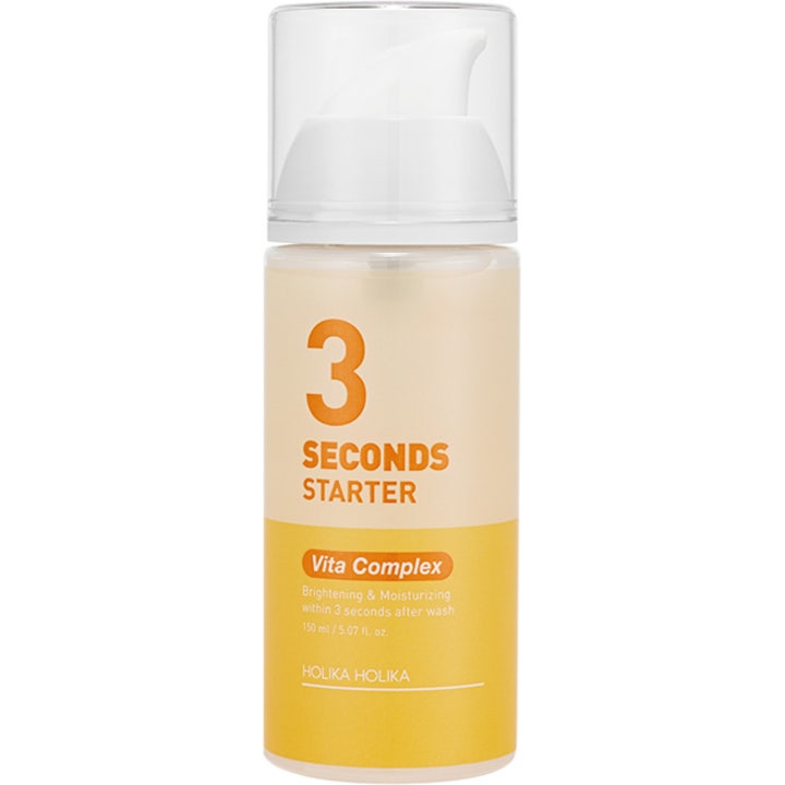 Holika Holika 3 Seconds Starter Vita Complex 150 ml glødgivende serum i gul pumpeflaske med hvit kork.
