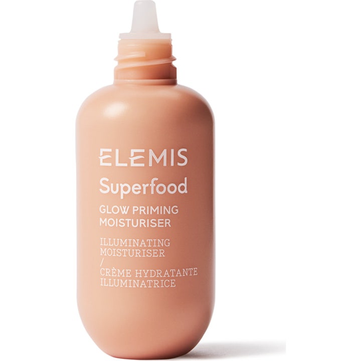 Elemis Superfood Glow Priming Moisturiser 60 ml ansiktskrem som gir glød i ferskenfarget tube med hvit tekst