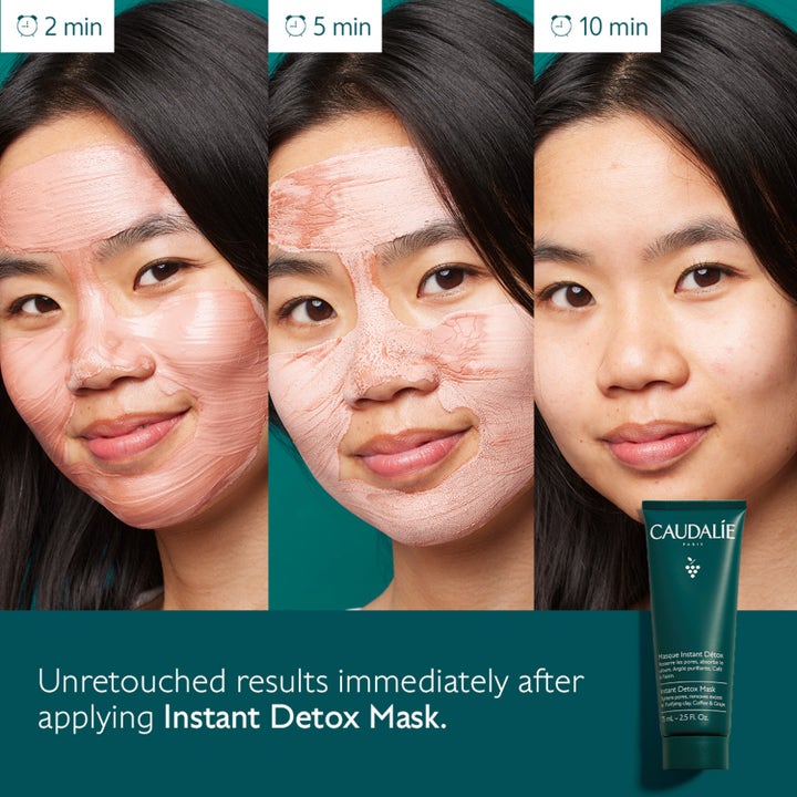Caudalie Instant Detox Mask 75 ml rensende ansiktsmask som gir renere hud vist stegvis etter to, fem og ti minutter.